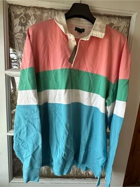 J. Crew Striped Rugby Shirt in Coral, Green, White, Teal